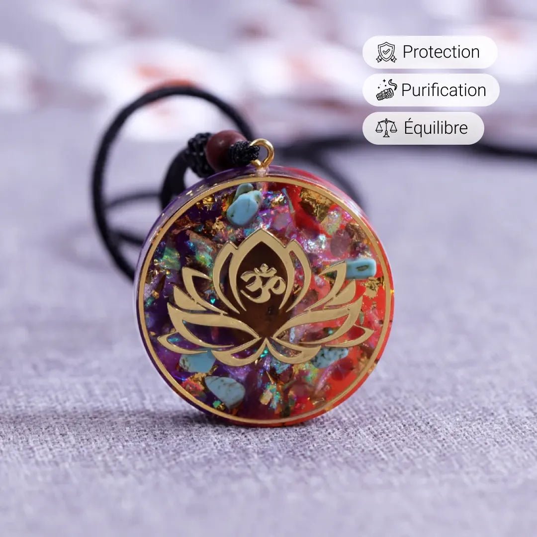 Pendentif Orgonite "Lotus-Om" en Turquoise & Oeil de Tigre