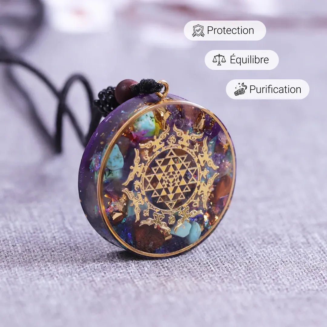 Pendentif Orgonite "Sri Yantra" en Turquoise & Oeil de Tigre