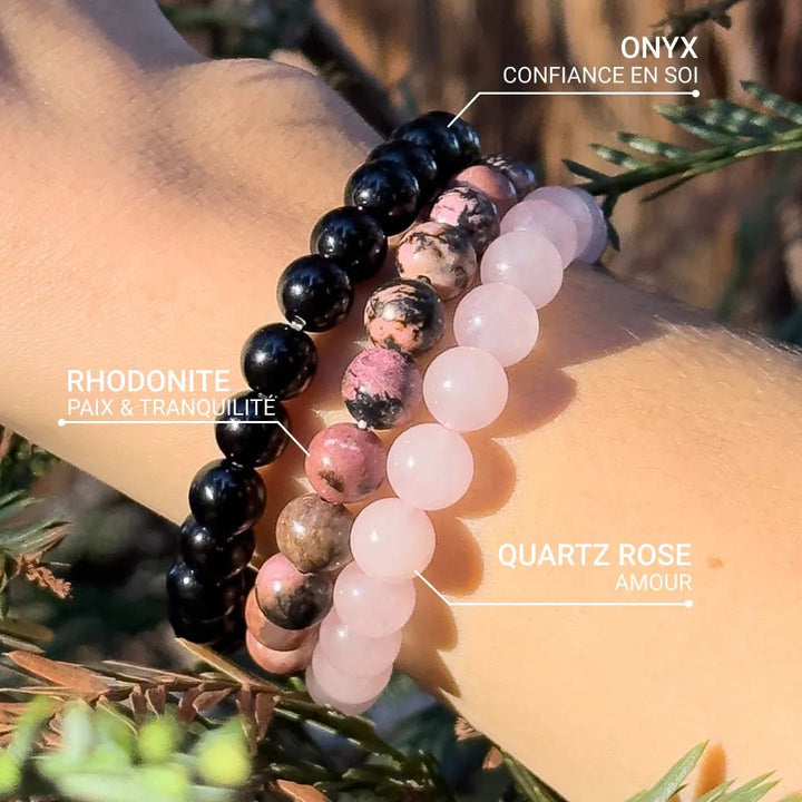 Trio de Bracelets "Paix & Équilibre" en Onyx, Quartz Rose & Rhodonite
