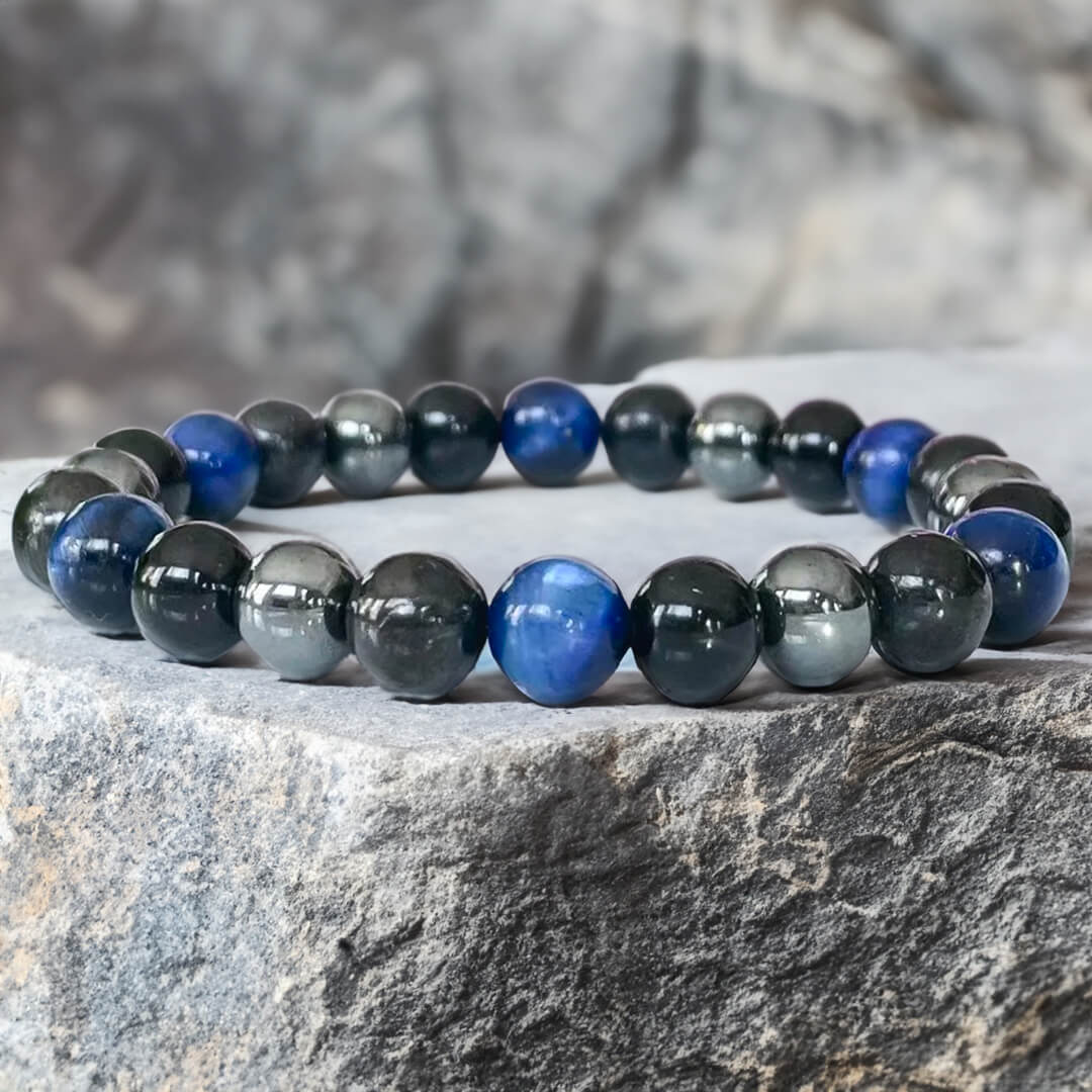 Bracelet "Guidance Intérieure" en Hématite, Tourmaline Noire & Œil de Tigre Bleu