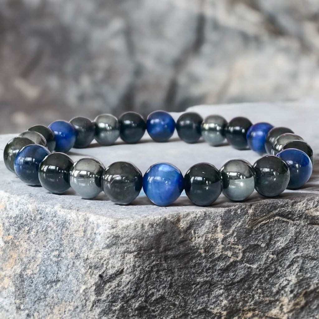 Bracelet "Guidance Intérieure" en Hématite, Tourmaline Noire & Œil de Tigre Bleu