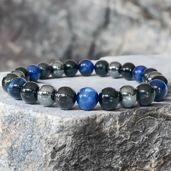 Bracelet "Guidance Intérieure" en Hématite, Tourmaline Noire & Œil de Tigre Bleu