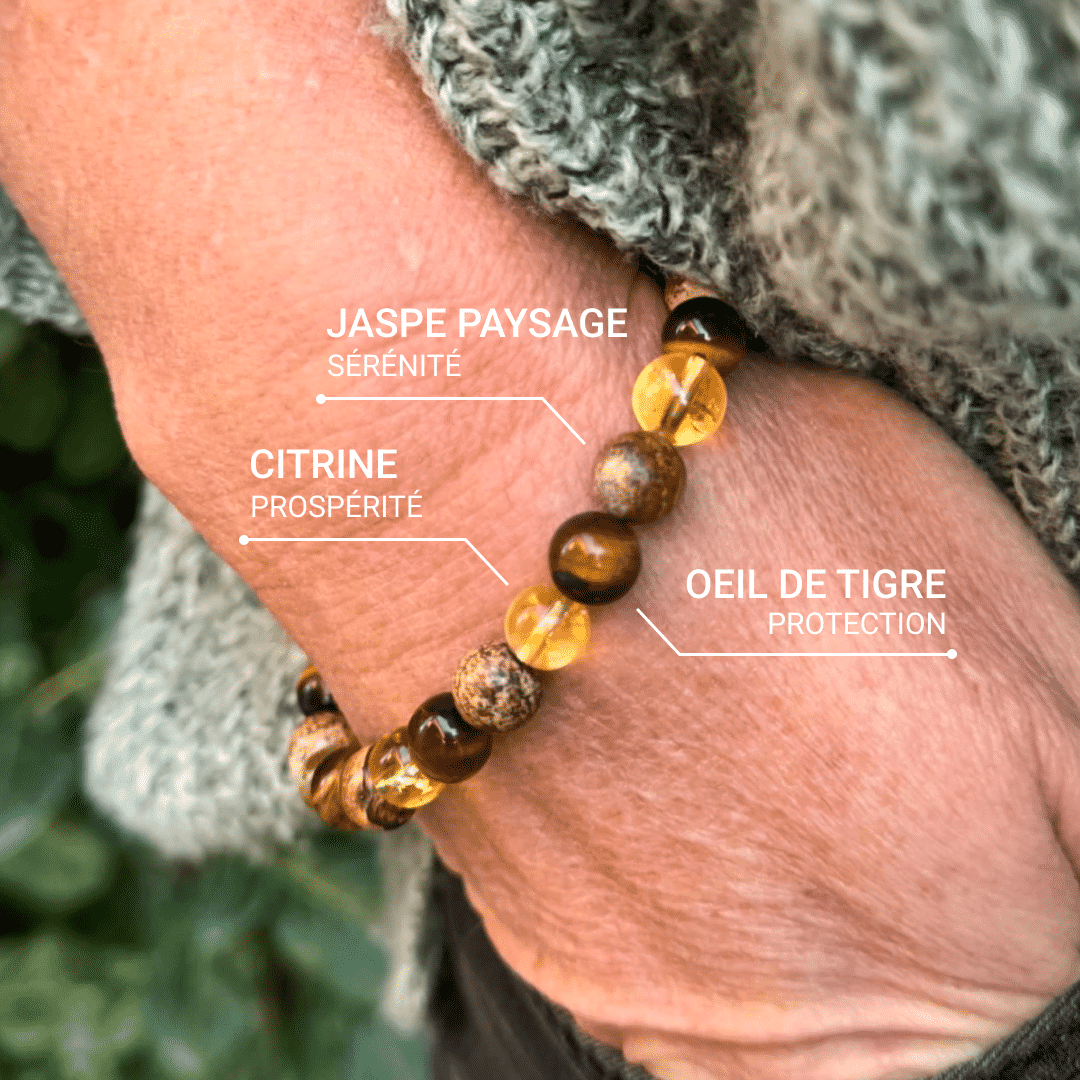 Bracelet "Protection & Prospérité" en Oeil de Tigre, Citrine & Jaspe Paysage
