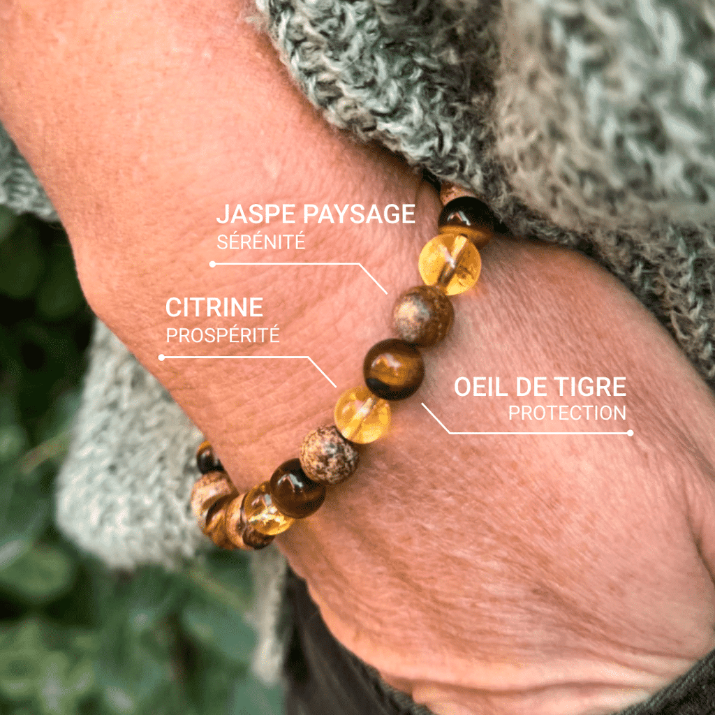 Bracelet "Protection & Prospérité" en Oeil de Tigre, Citrine & Jaspe Paysage