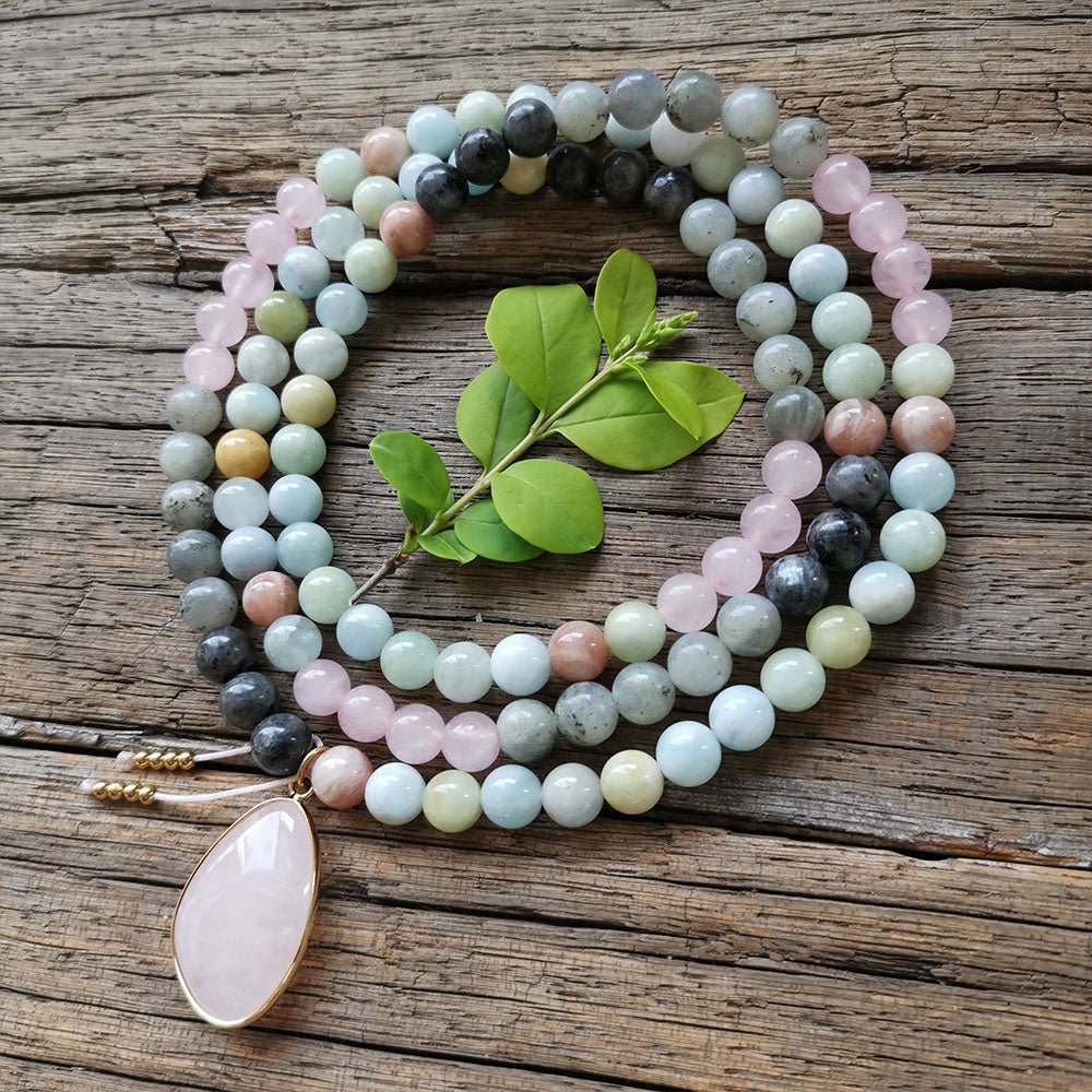 Collier Mala Premium "Sérénité de l'Esprit" en Labradorite, Aigue-Marine & Quartz Rose