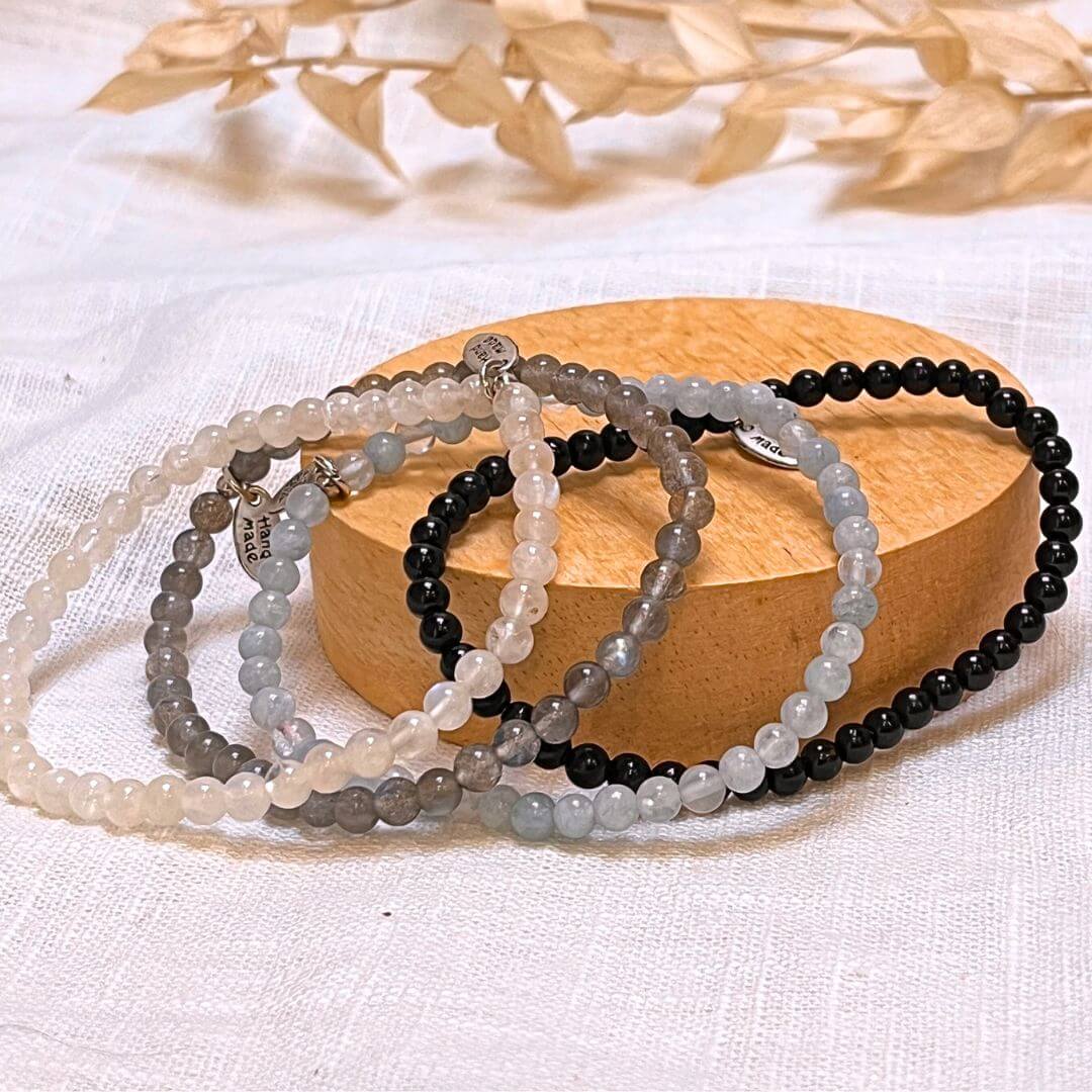 Ensemble "Force Intérieure & Protection" en Labradorite, Pierre de Lune, Aigue-Marine & Tourmaline Noire