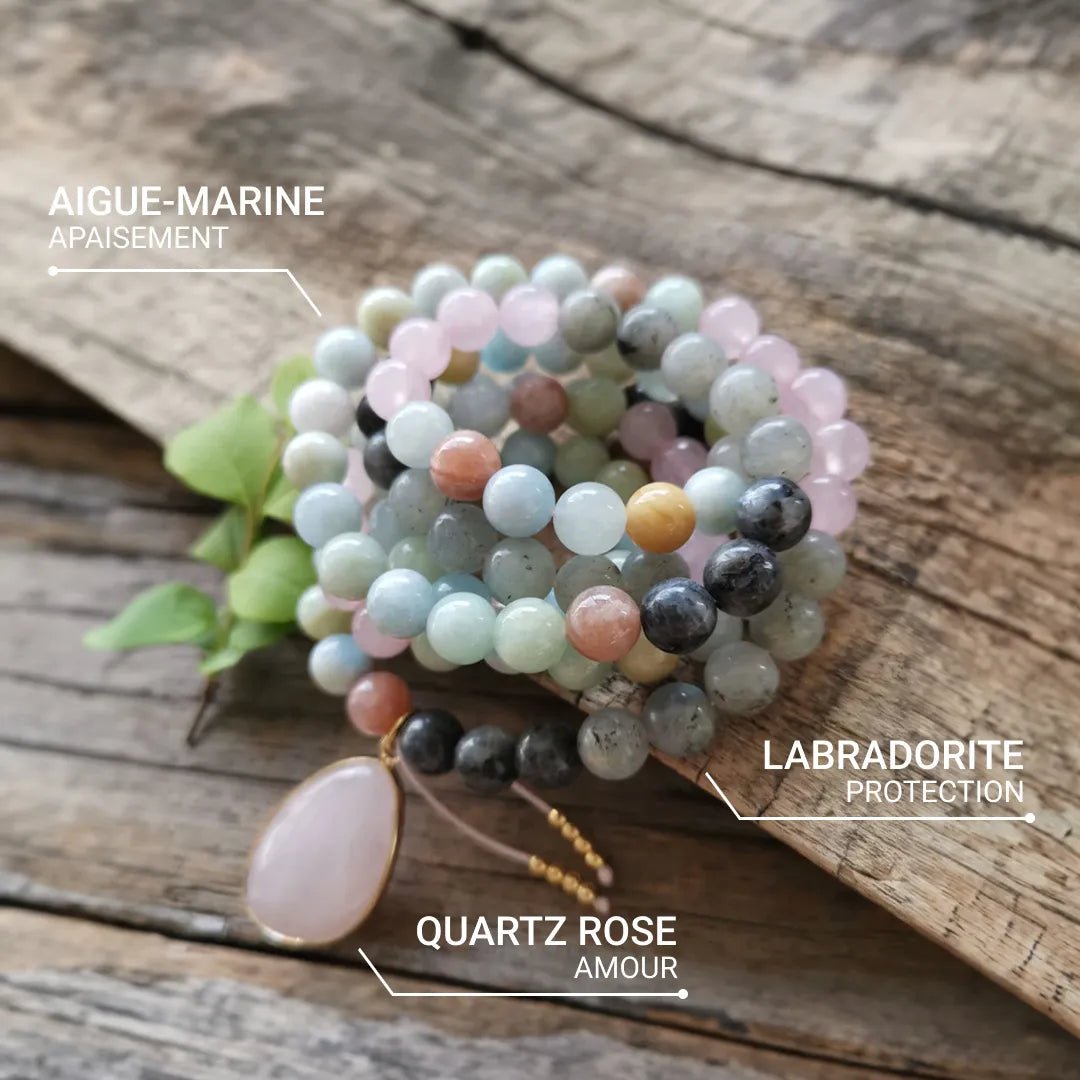 Collier Mala Premium "Sérénité de l'Esprit" en Labradorite, Aigue-Marine & Quartz Rose