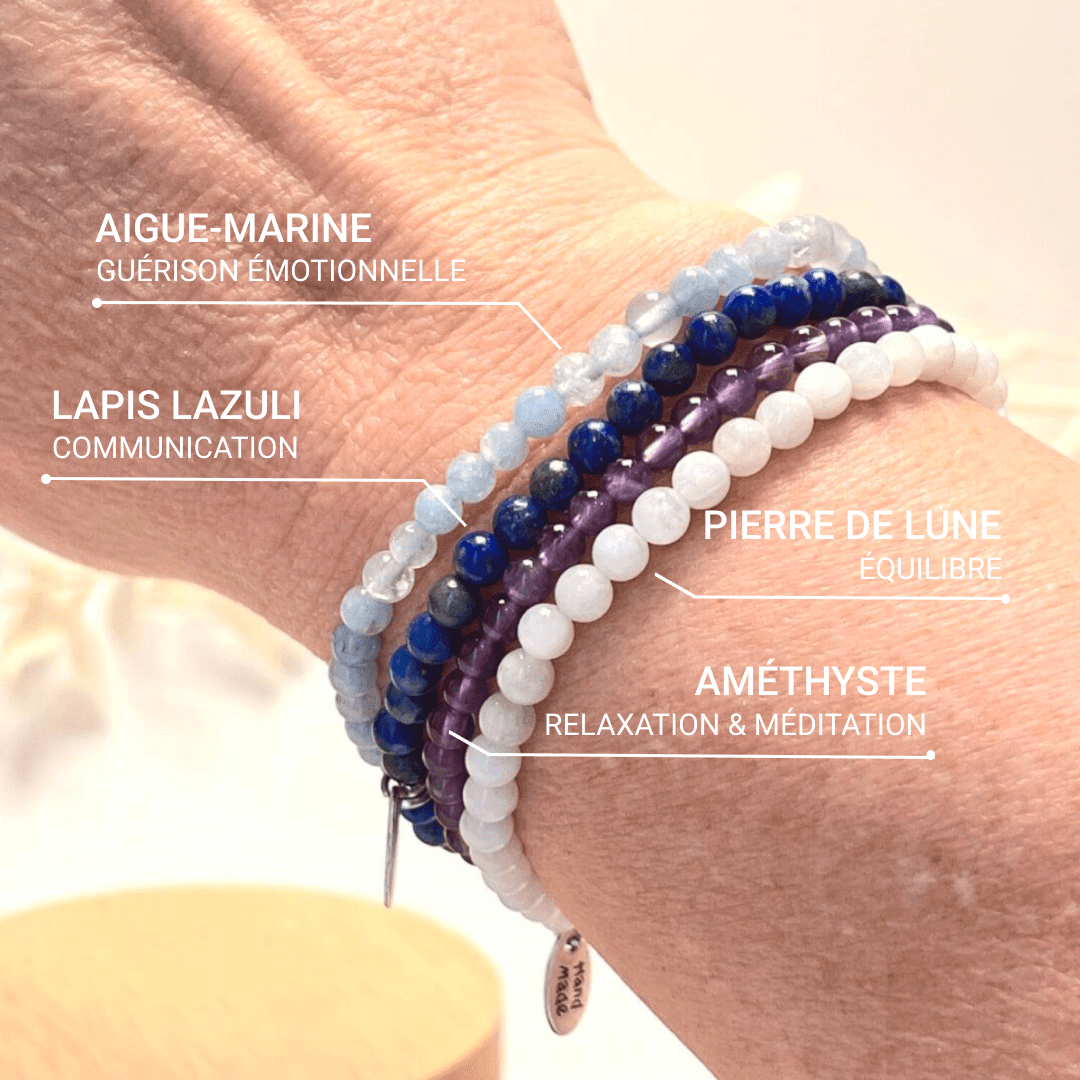 Ensemble "Équilibre Intérieur" en Améthyste, Pierre de Lune, Lapis-Lazuli & Aigue-Marine