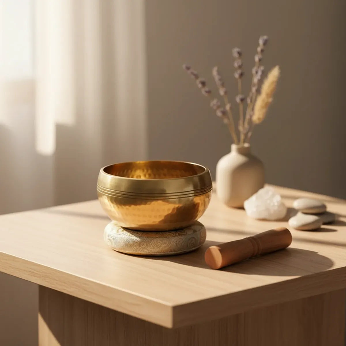 Bol chantant tibétain en laiton posé dans un décor bien-être avec maillet en bois