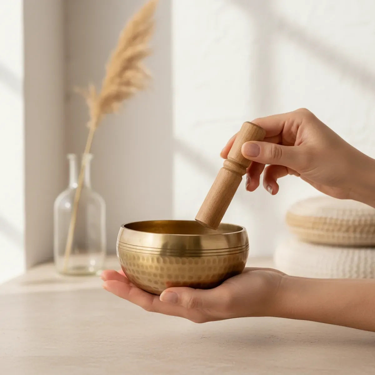 Bol chantant tibétain en laiton utilisé avec un maillet en bois dans une ambiance apaisante