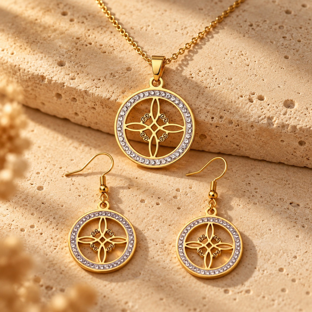 Parure Bouclier Sacré : collier et boucles d'oreilles Nœud de Sorcière dorés