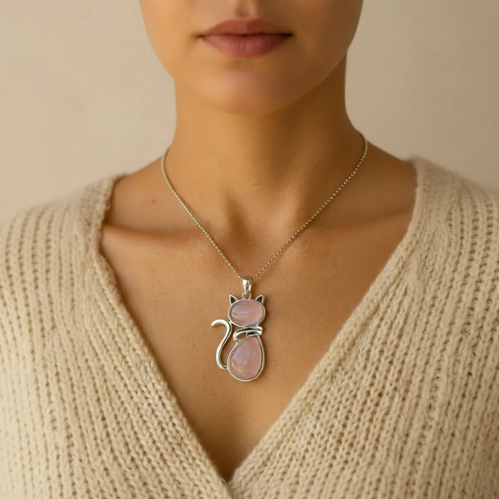 Pendentif chat en quartz rose porté autour du cou avec pull beige